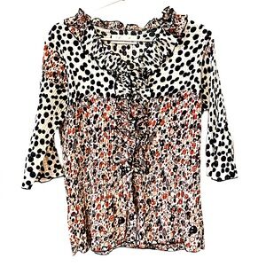 Lovabra Elbow Length Bell Sleeve Ruffle V Neckline Orange Black White Print Sz L
